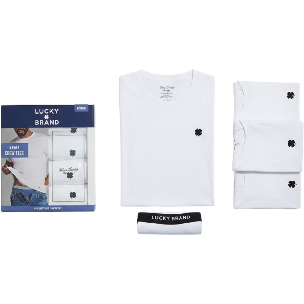 Lucky Brand Mens 4 Pack Crew Neck Tees White Short Sleeve T-Shirts Size Medium
